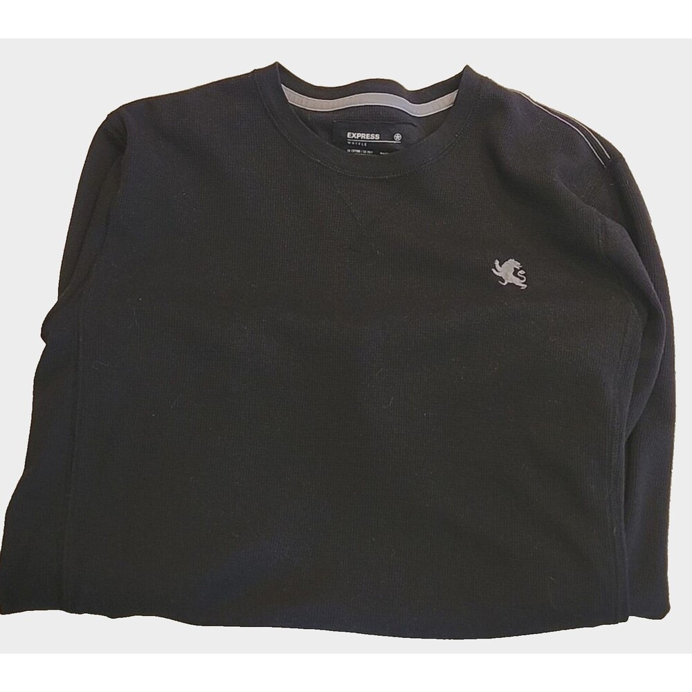 Express Waffle Men's Black Long Sleeve Crew Neck Pullover Shirt, Size Large (L)
